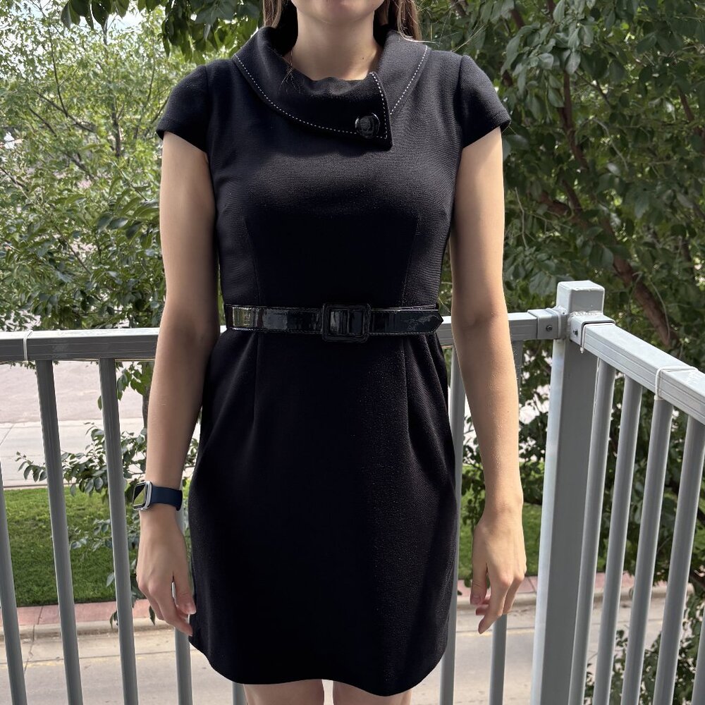 London Times Belted Black Dress with Classic Stitched Collar, Size 8P